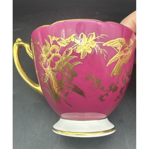 VTG Coalport BURGUNDY & GOLD Birds Bone China Footed Teacup & Saucer England - Picture 9 of 14